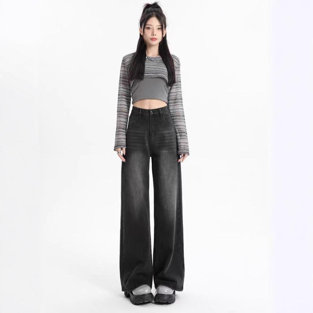 Women's Black Wide Leg Jeans for Pear-Shaped, High Waist Slimming Loose Straight Leg, Floor-Length Trousers for Spring and Autumn.