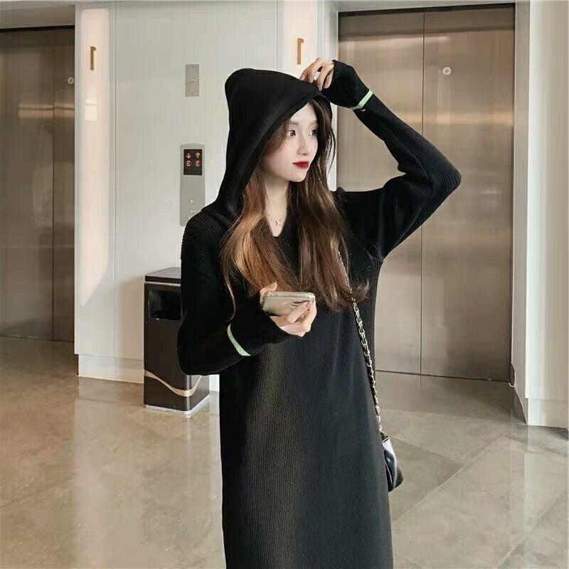 

Ранняя осень новая толстовка с капюшоном длинное платье ретро повседневный дизайн нишевое вязаное платье тренд S чёрный