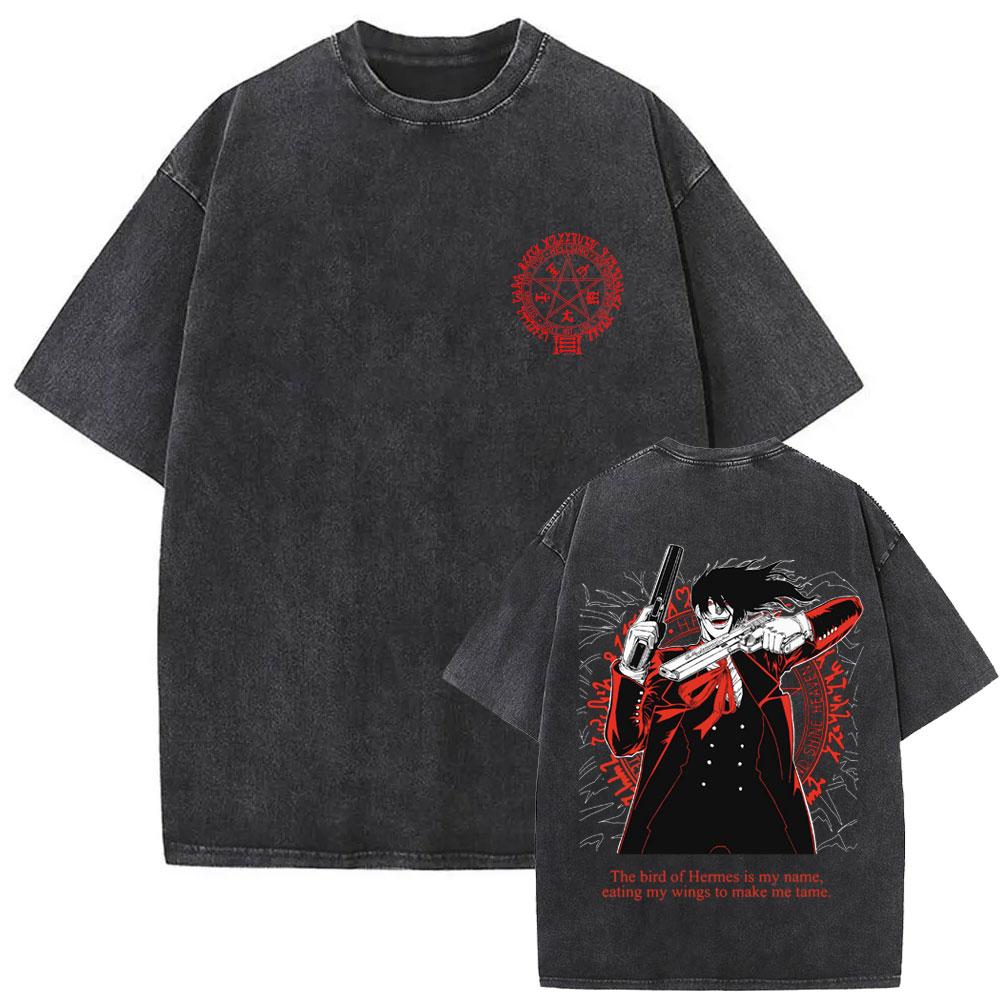 Washed Vintage Anime Hellsing Abraham Van Helsing Vampire Alucard Double Sided Print T-shirts 90s ga Oversized462