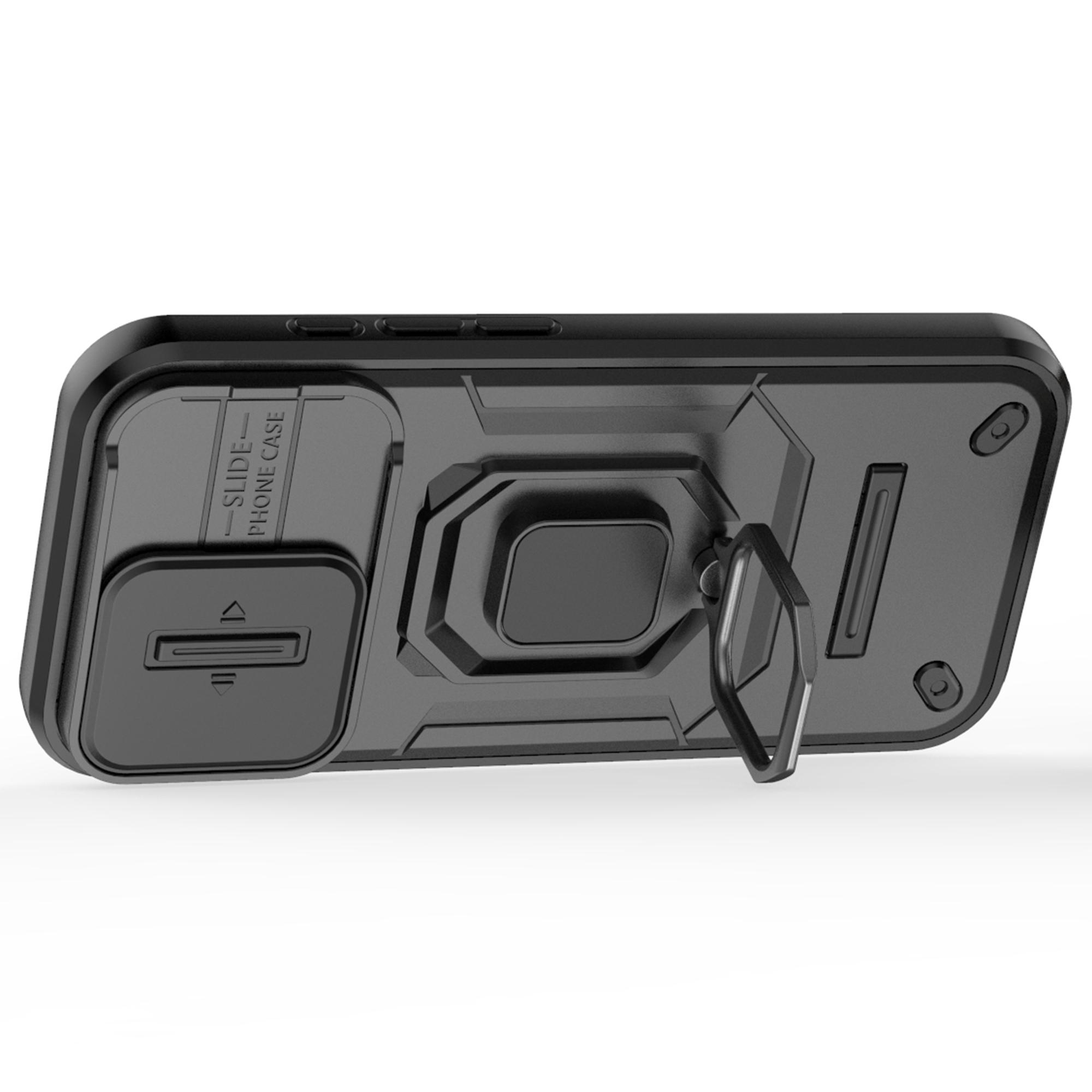 

For iPhone 16 Pro Case Ring Kickstand Slide Lens Protection PC+TPU Phone Cover Black