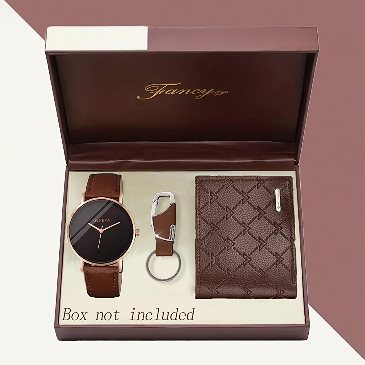 

Brown Simple Quartz Watch Set with Wallet Keychain - Elegant Timepiece Set, Suitable for Both Casual and Formal Occasions