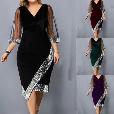Mote Elegant Uregelmessige Paljetter Kvinnekjole Perspektiv Mesh Kortermet V-hals Bodycon Selskapskjoler Damekjoler Plussstørrelse Dame Kvinneklær