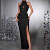 Vestido Bandage Floral Europeo con Escote Halter y Abertura Alta