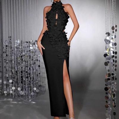 European Floral Halterneck High Slit Bandage Dress