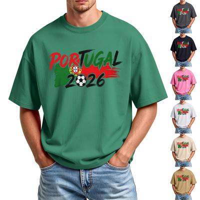 Camiseta Casual Masculina com Gola Redonda Manga Curta Top Esportivo com Estampa de Futebol Portugal 2026 Leve Confortável