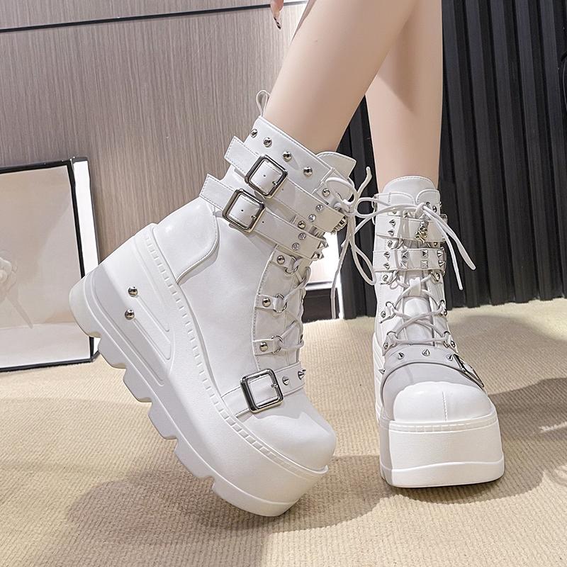 Fashion Platform Boots Goth for Women Lace up Wedge Heel Buckle Ankle Booties Studded Short Motorcycle Boots with Zipper White
