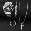 Men's Fashion Watch Set, Casual Quartz Watch with Calendar, Cross Pendant Necklace, Ring and Bracelet - Perfect Gift for Him