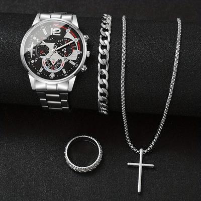 Men's Fashion Watch  Set, Casual Quartz Watch with Calendar, Cross Pendant Necklace, Ring and Bracelet - Perfect Gift for Him