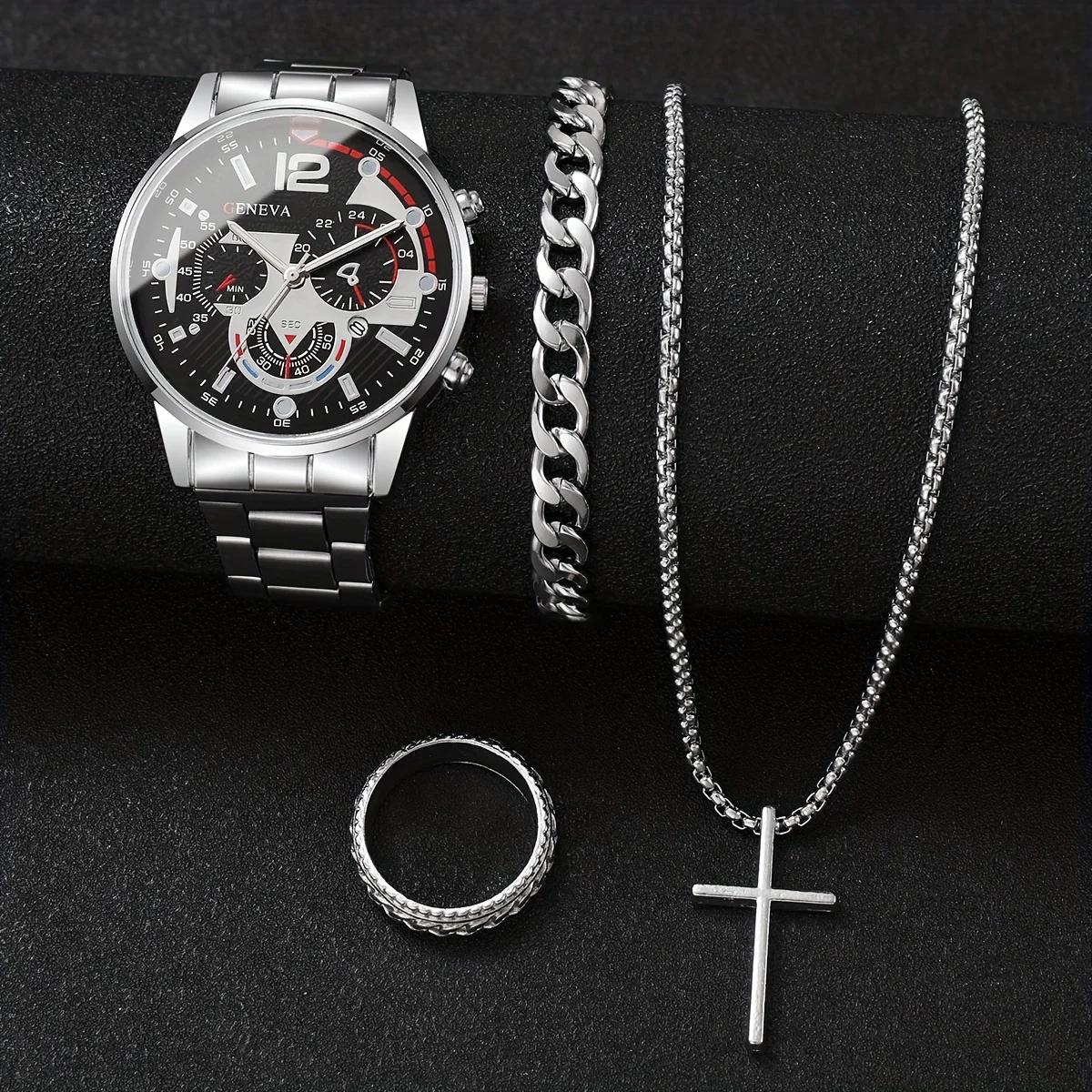

4шт-Чоловічий Модний Набір, Повсякденний Кварцовий Годинник з Календарем, Підвіска-Хрест, Кільце та Браслет - Ідеальний Подарунок для Нього срібний