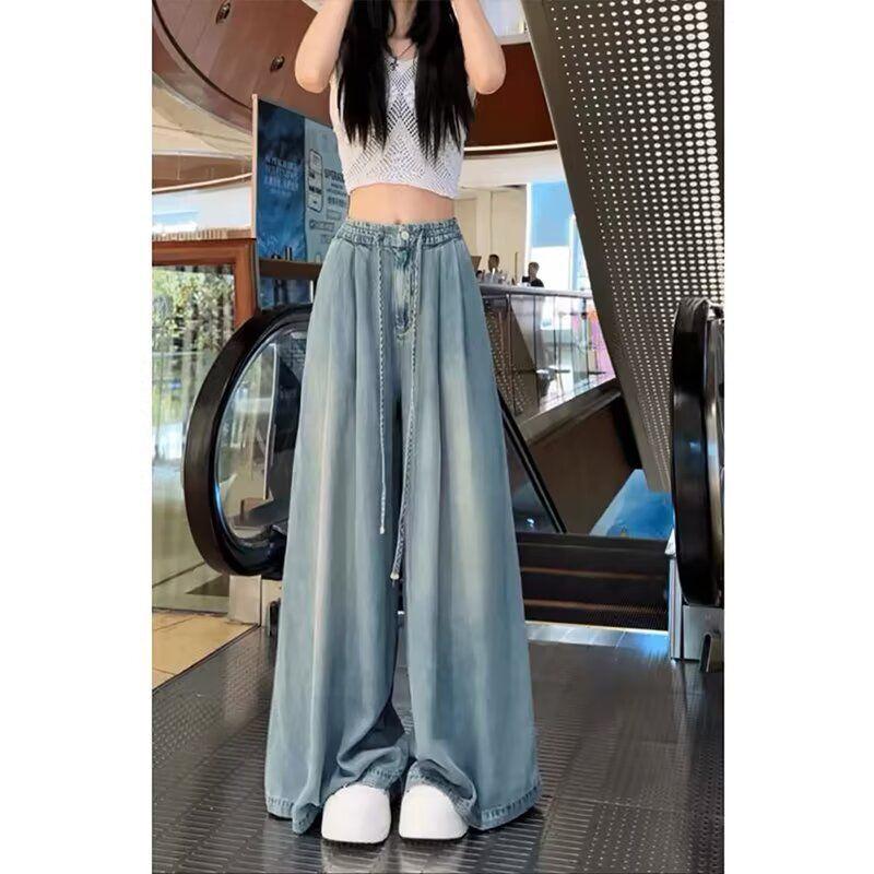 

Plus Size Women s Soft Denim Elastic Waist Wide Leg Pants - Summer 2025 Thin Style, Relaxed Fit, Slimming, Loose Drape. S (88-100 jin) синій