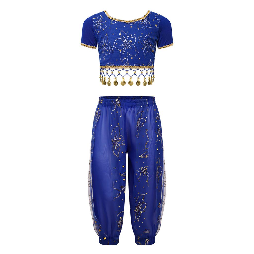 Completo Danza del Ventre Floreale da Ragazza Crop Top a Maniche Corte Schiena in Pizzo Paillettes Lucide Pantaloncini a Pantalone Catena per la Vita