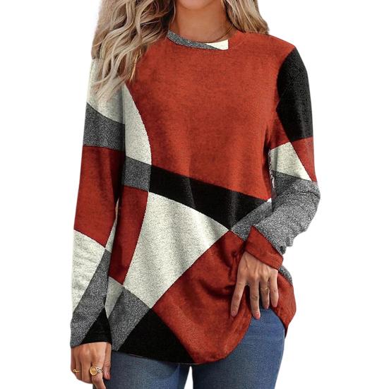 Women Tops Round Neck Long Sleeve Contrast Color Geometric Print Loose Fit Tee Shirt Casual Pullover Tops