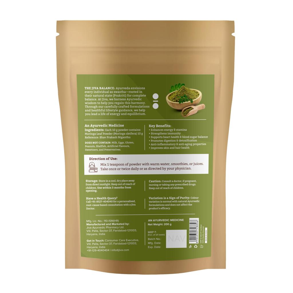 Jiva Ayurveda Moringa Pulver - 200g (Packung mit 1)| Natürlicher Energie- & Immunbooster | Unterstützt Verdauung, Haut & Entgiftung