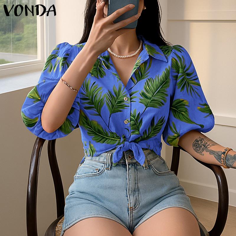

VONDA Летняя женская блузка с лацканами, рукавами-буфами, принтом в гавайском стиле XL синий