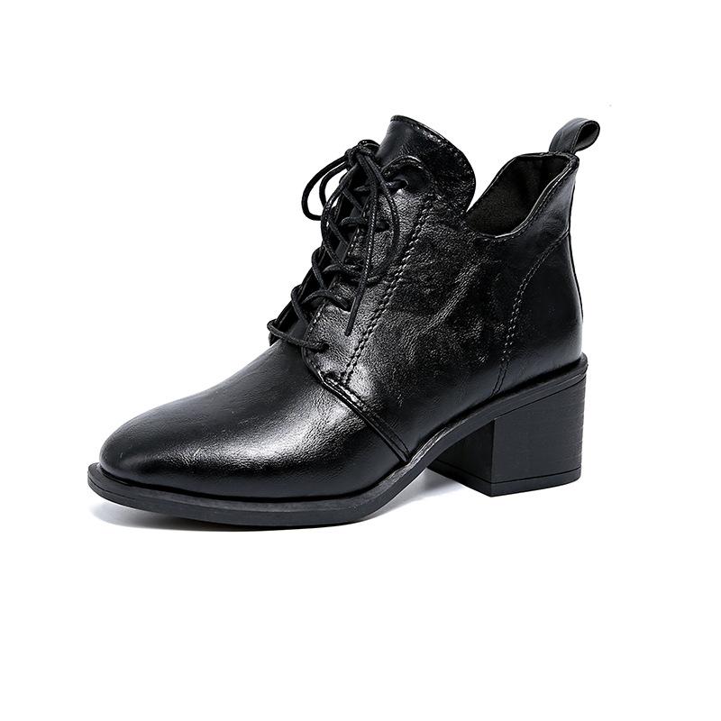 

Большие размеры 35--43, короткие женские ботинки на толстом каблуке, весна 2025, новые ботинки Martin в британском стиле со шнуровкой и острым носком 35 чёрный