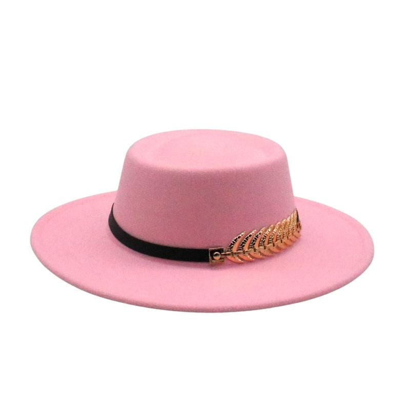 Female Autumn And Winter British Retro Top Hat Jazz Hat French Socialite Hepburn Style Belt Buckle Tweed Wide Brim Flat Top Hat