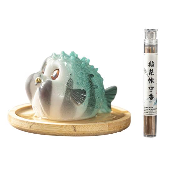 Pufferfish Incense Stick Holder Resin Globefish Tea Pet Figurine Incense Burner Home Office Tea Room Table Decoration Ornament