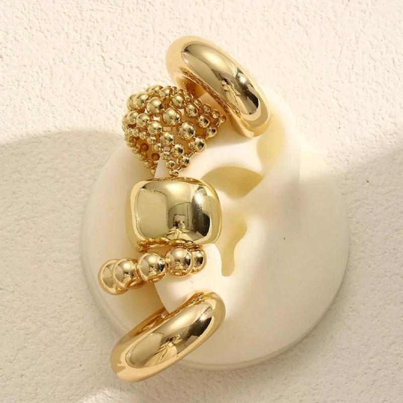 17KM 5pcs Vintage Exaggerated Fashion Copper Wide Face Clip-On Earrings Set For Women Couples Vacation Dating Daily Party Jewelry New
