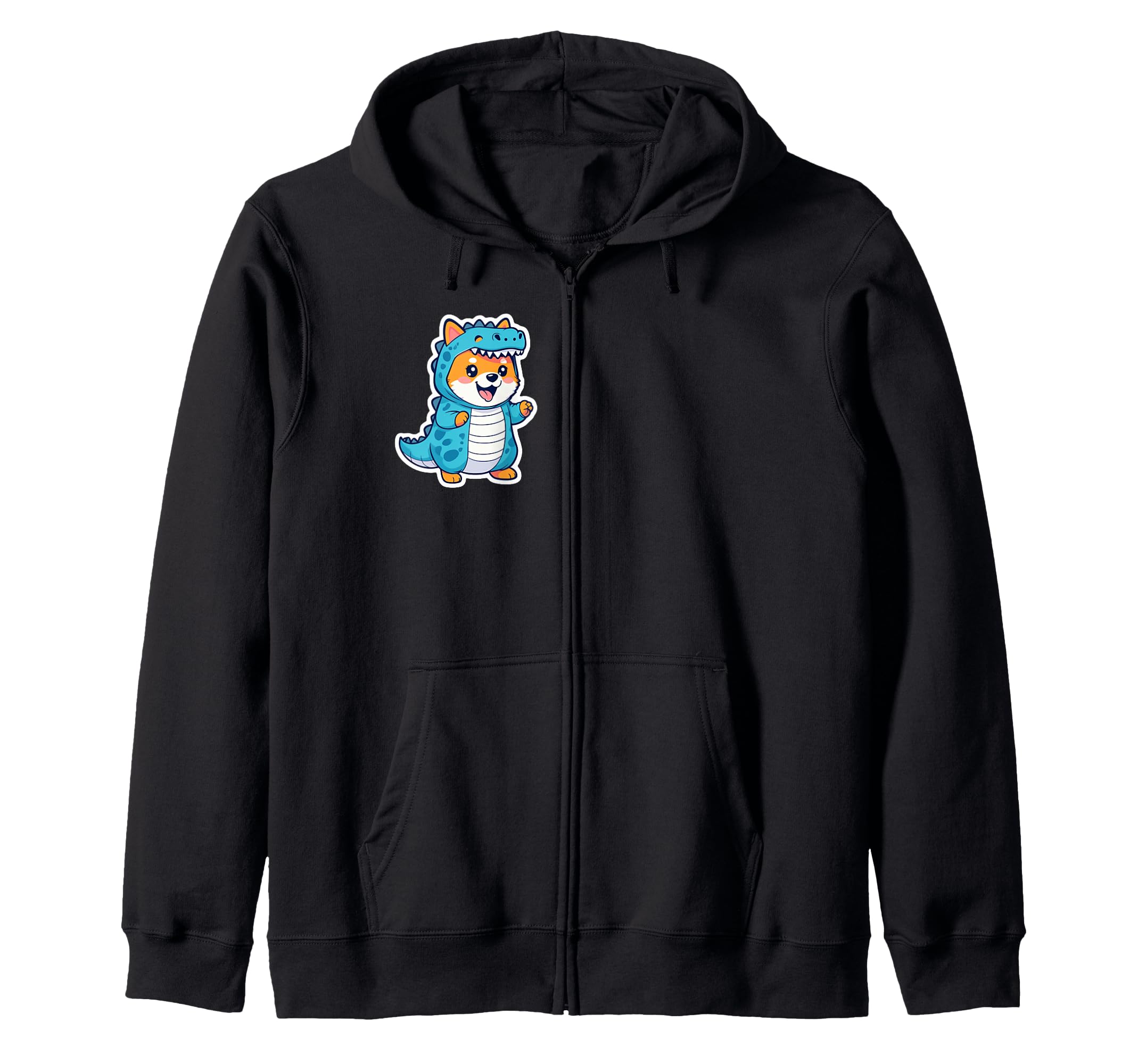 Playful Shiba Inu in a Dinosaur Costume - Cartoon Zip-Up Hoodie