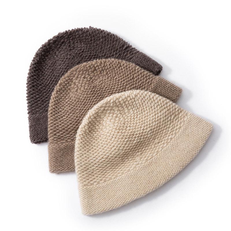 Women's 100% Pure Cashmere Knit Bucket Hat - Autumn/Winter Thickened Design for a Slimmer Face Look