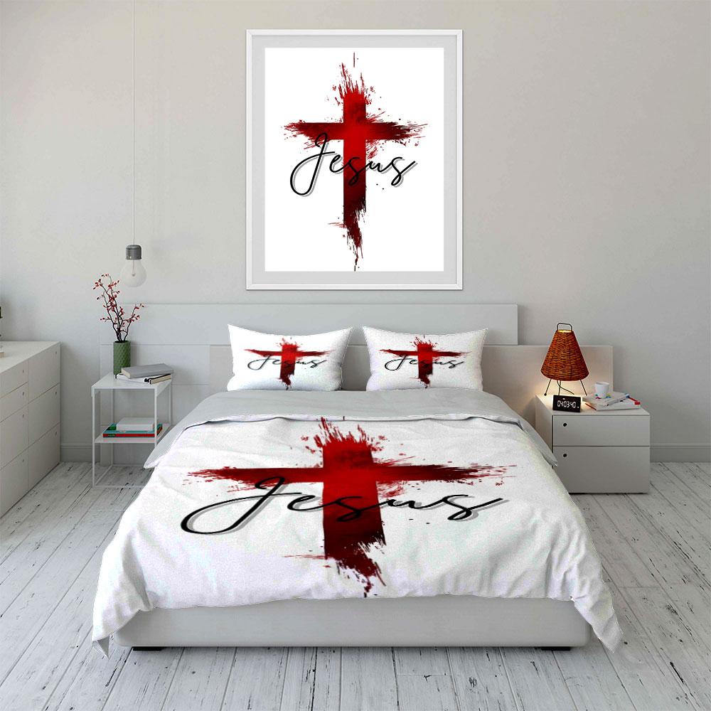 Red cross with "Jesus". Bedding sets Duvet cover sets Duvet covers Pillowcases(1 * Duvet Cover 2 * Pillowcases, without duvet insert)