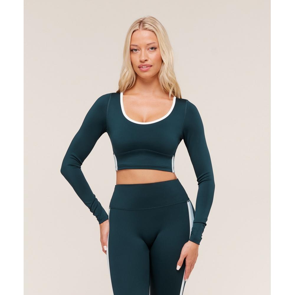 Gymshark Piping Long Sleeve Crop Top Deep Petrol Blue Smoke Blue Soft White B4c3t Udxp