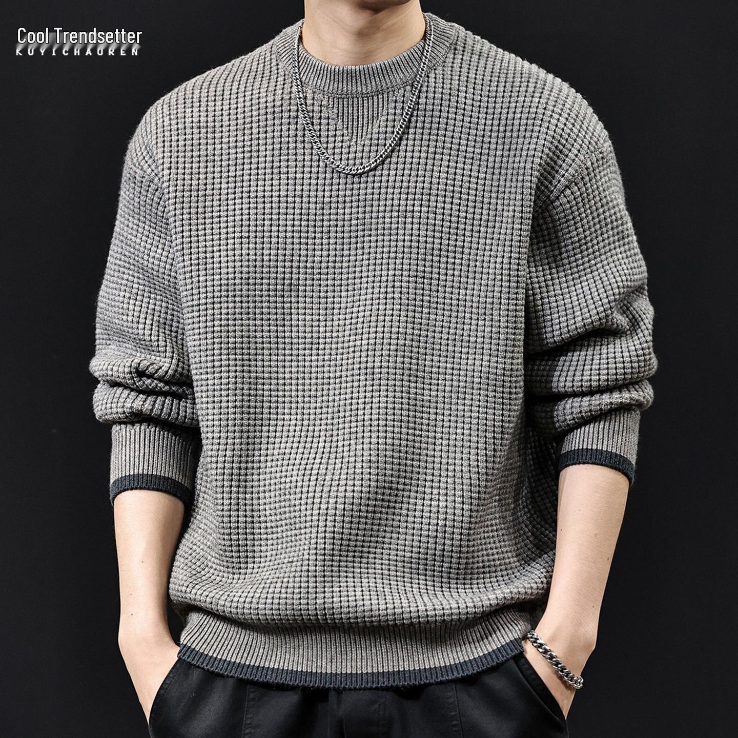 

Heavyweight Pineapple Knit Sweater for Men - American Style, Retro, Round Neck, Autumn & Winter, Fake Two-Piece Design. 2XL fits 85-95 kg