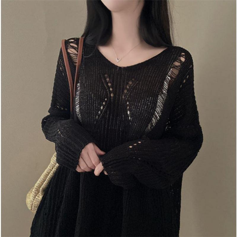 Fashion Thin Long Sleeved Knitted V-neck Women Shirt Loose Solid Color Hollow Out Blouse Casual Simple Covers Up Office Top Women Clothing