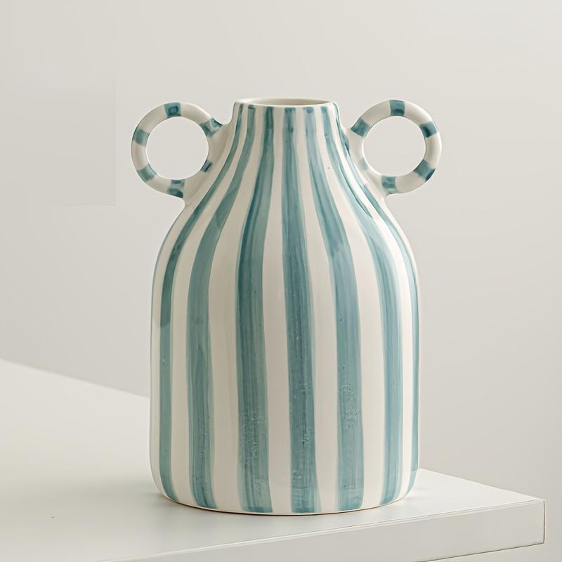 Hand-Painted Ceramic Vase with Dual Handles - Striped, Cylinder Design for Living Room Decor, Earthenware, Decorative Ornaments