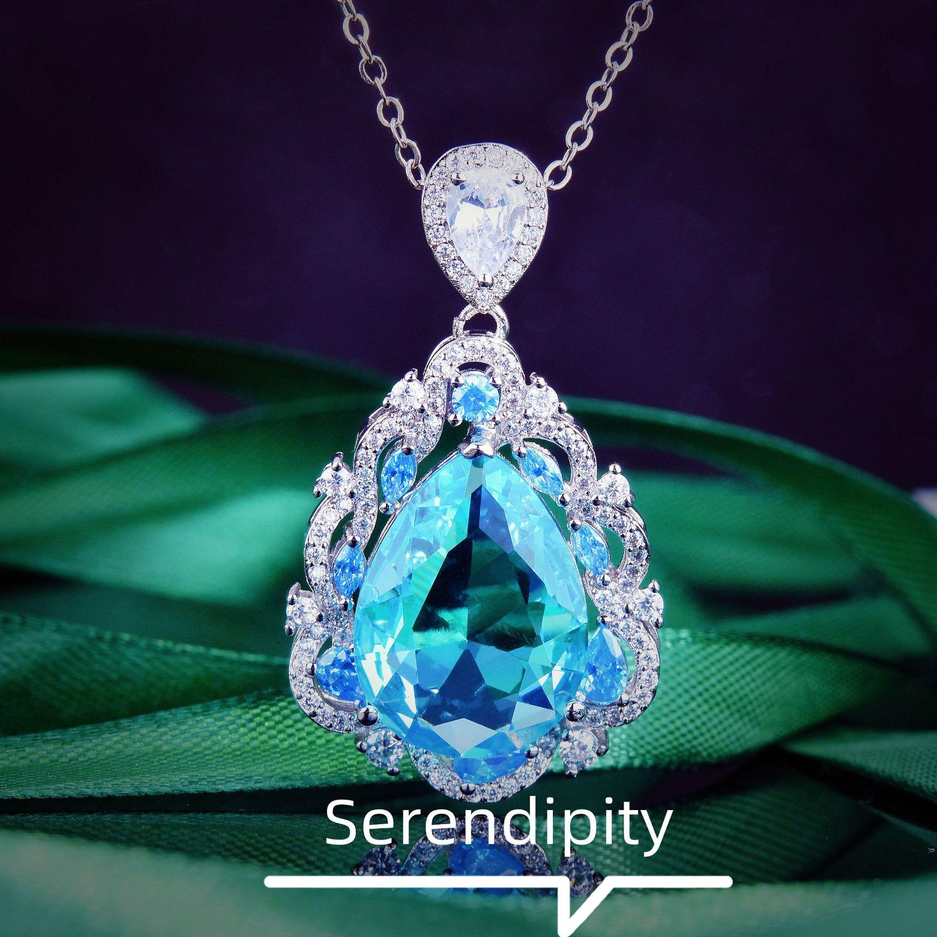 

Luxury Full Diamond Swiss Blue Topaz Pear Drop Necklace Large Carat Simulated Aquamarine Pendant
