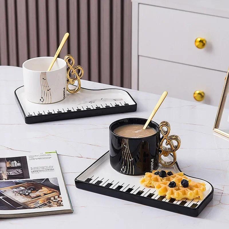 200ml Kreative Klavier Kaffeetassen mit Untertasse Set Keramiktasse Musikgriff mit Löffel Nachmittagstee Geschirr Frühstück Milchbecher