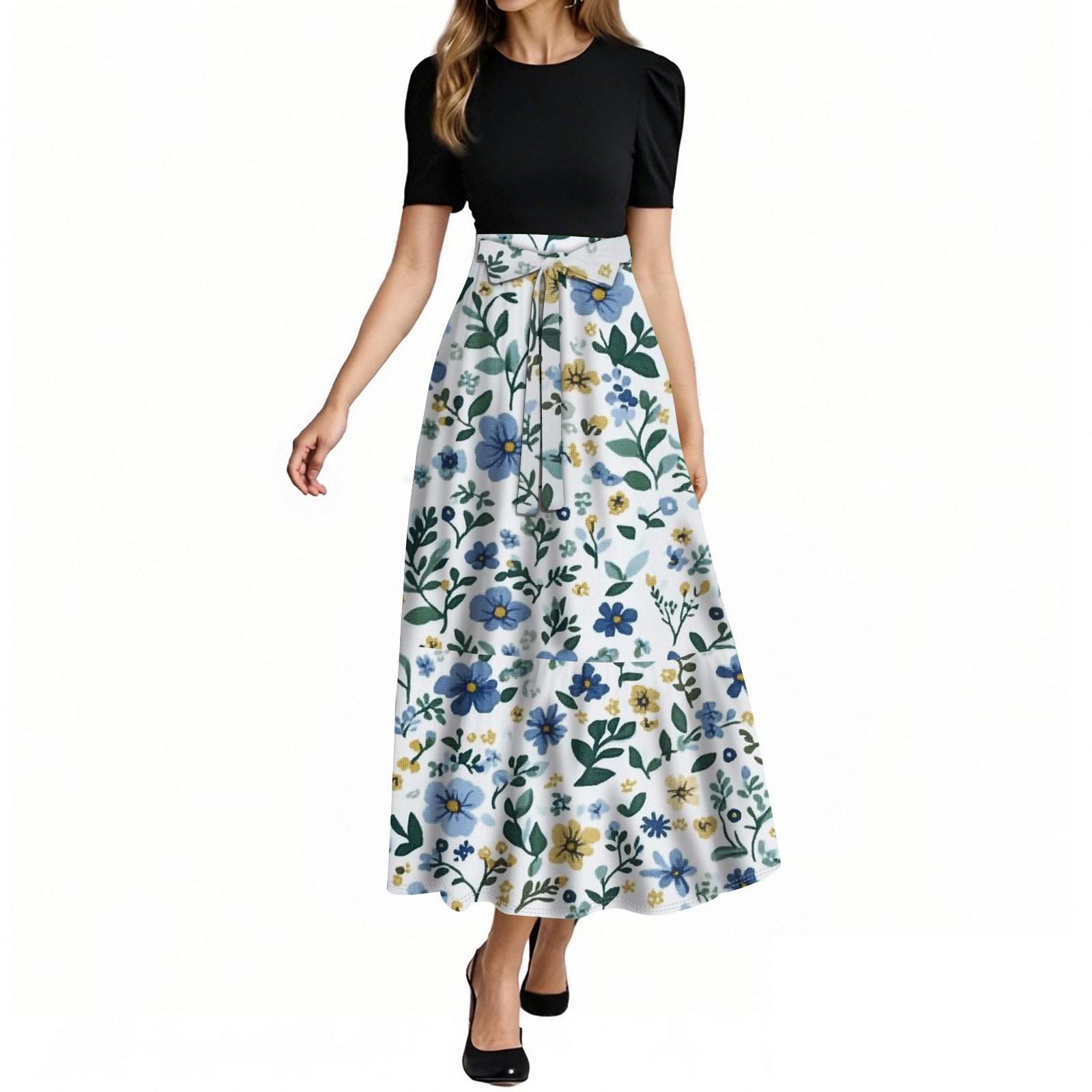 

Women s Fashion Casual Belt Short Sleeve Round Neck Floral Stitching Elegant Temperament Dress L
