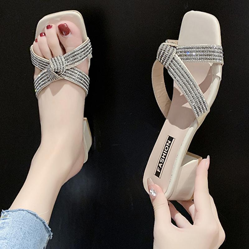 Designer Women Chunky Slippers Crystal Fad Low Heels Shoes Ladies Sandals  Spring Summer New Casual Flip -Flops Women Slides