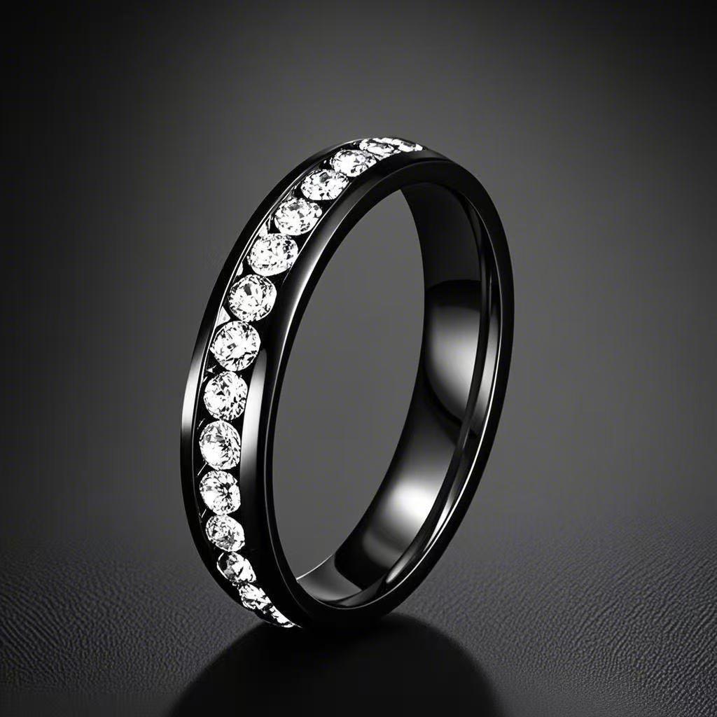 Stainless Steel Ring with Star-Inlaid Diamonds, Fade-Resistant, Titanium Finish