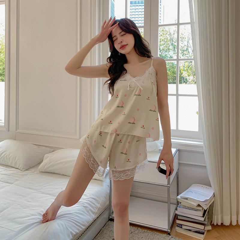 Print Fashion Women Pajamas Lace Sexy Ice Silk Sleepwear