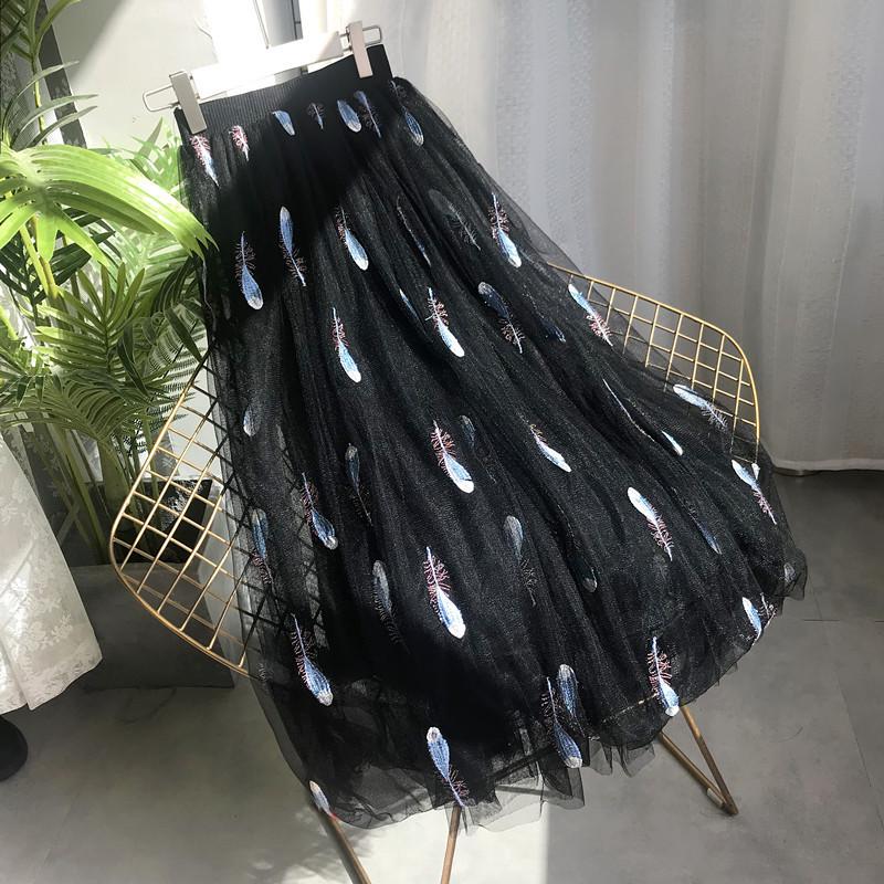 Women's High Waist Black Mesh A-line Midi Tulle Skirt