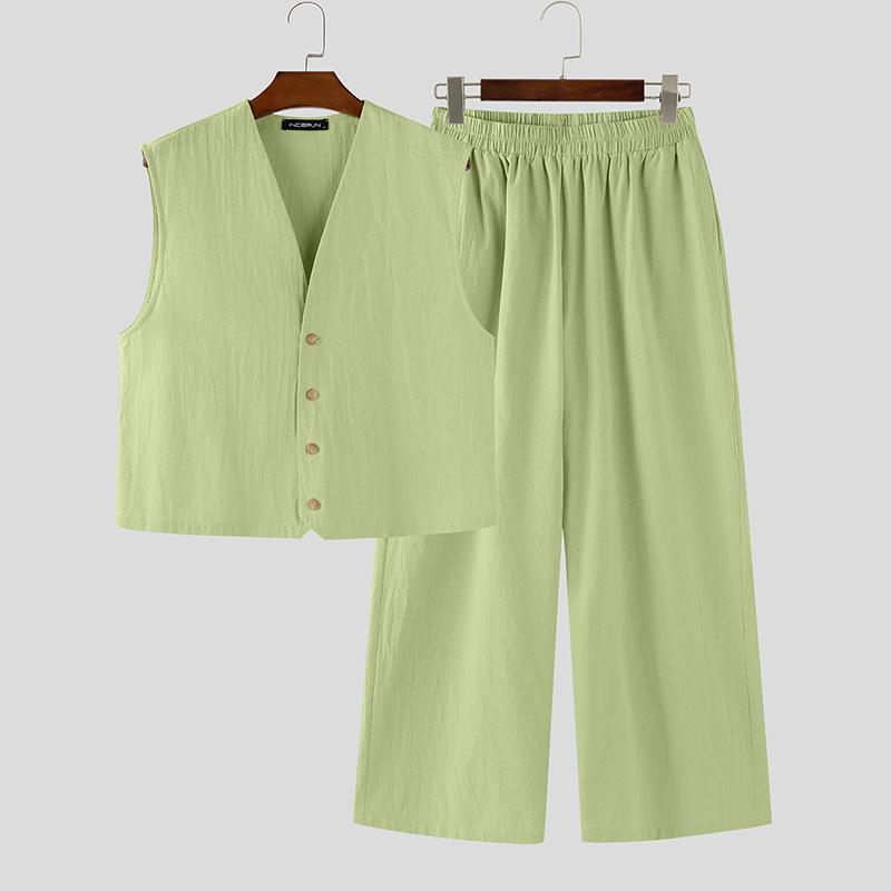 INCERUN Two Pieces Vintage Men Sleeveless Tops Long Pants Sets Outfits