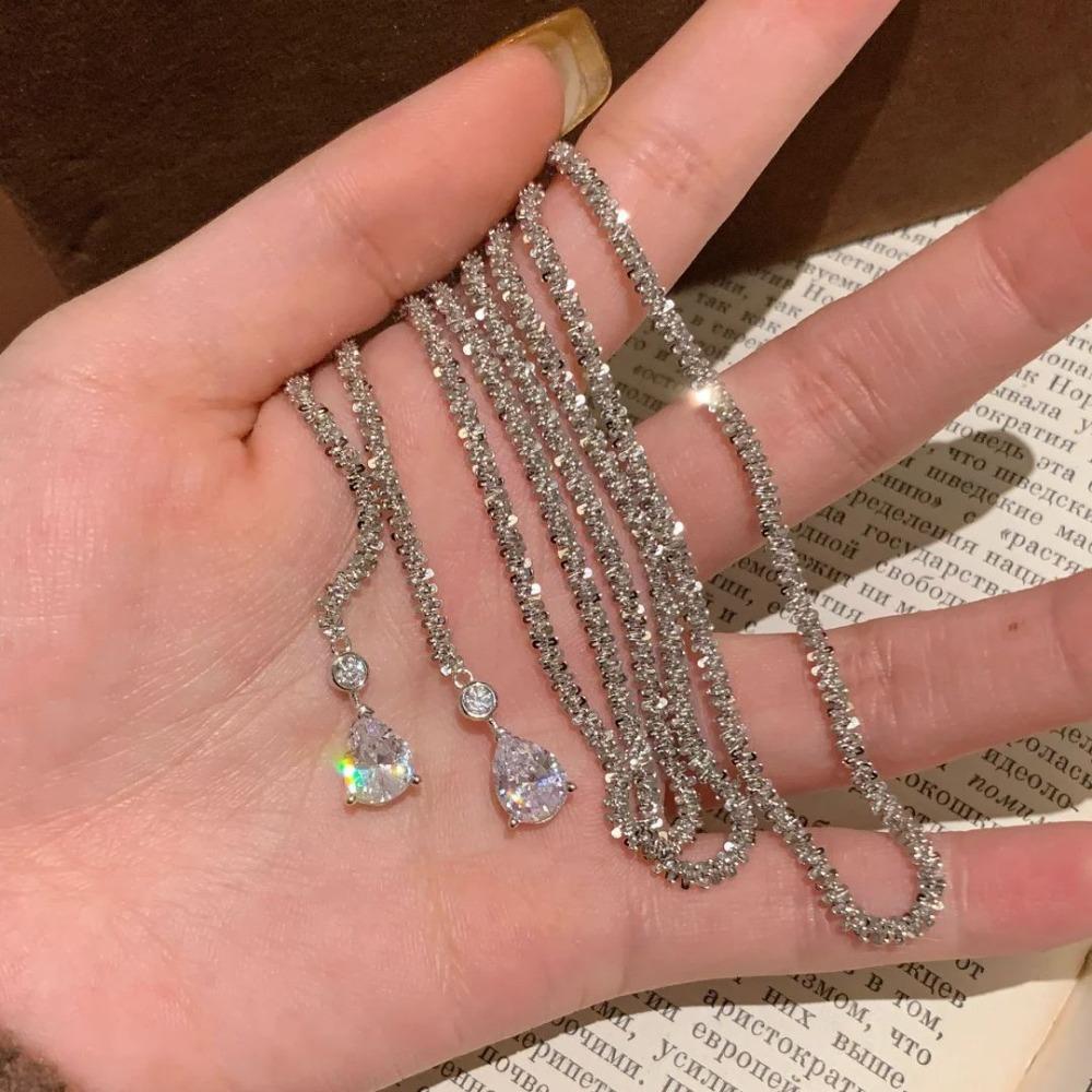 Elegant Crystal Starry Sky Water Drop Necklace Double Layer Choker Long Pendant Chain for Women