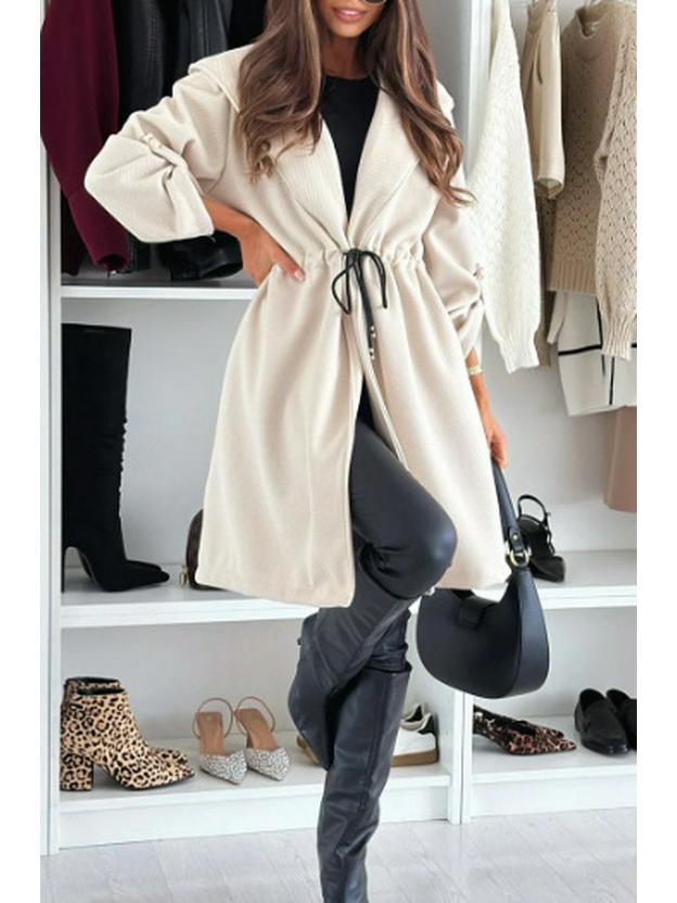 2025 Międzynarodowy Modny Damski Płaszcz Przejściowy z Kapturem i Klapami, Wiązany w Pasie - Casualowy, Długi Rękaw, Styl Jesienno-Zimowy