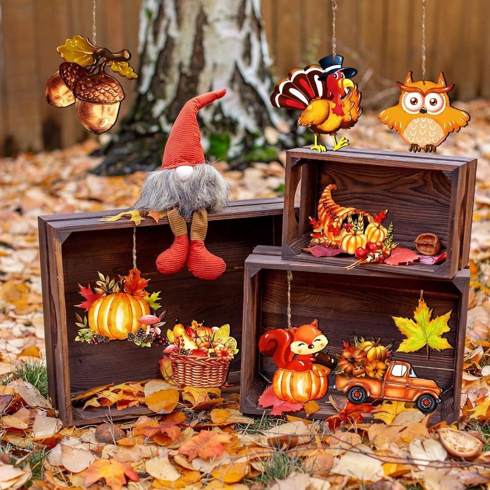 12pcs Thanksgiving Fall Wooden Hanging Ornaments Turkey Owl Squirrel Pumpkin Maple Leaf Wood Cutouts Tree Door Window Home Decor
