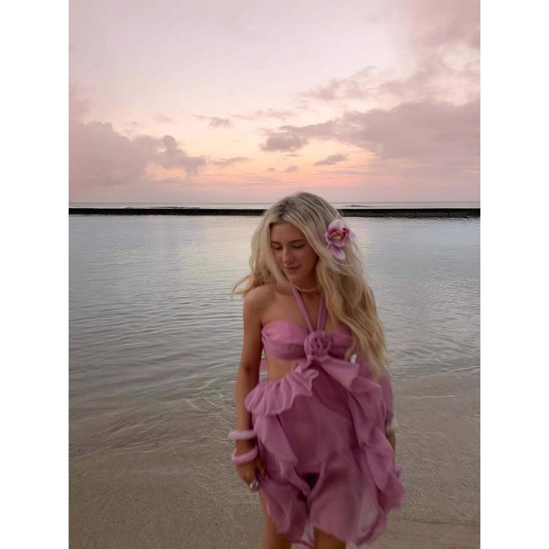 Spring/Summer Corsage Lace Fashion Pleated Strapless Dress Beach Vacation Mini Dress