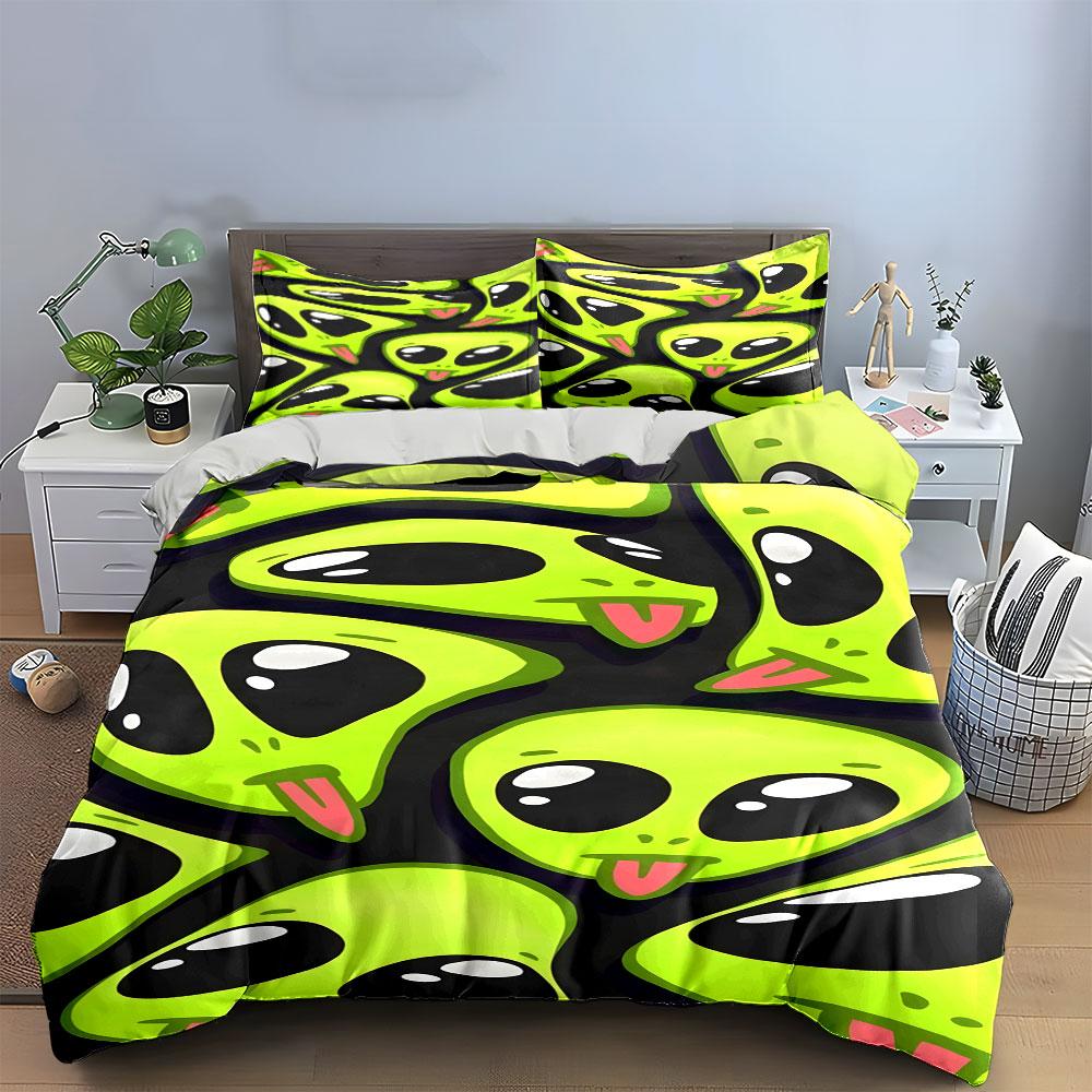 Green Alien Faces Pattern. Bedding Sets Duvet Cover Sets Duvet Covers Pillowcases(1 * Duvet Cover 2 * Pillowcases, Without Duvet Insert)