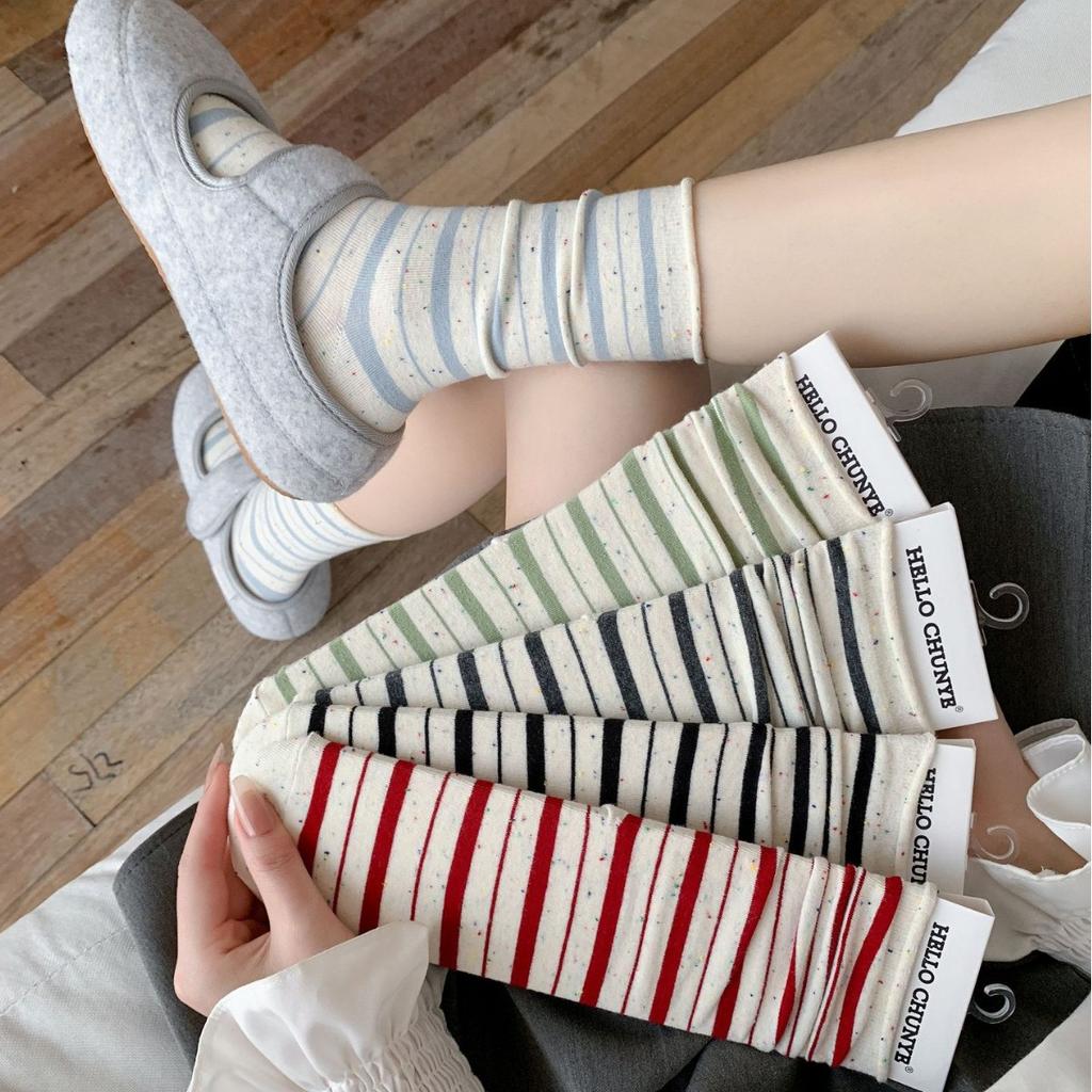 Korean Style Idea Yarn Striped Boneless Socks Mid-Leg Socks Spring And Autumn Cotton Rolled Hemmed Stacked Socks