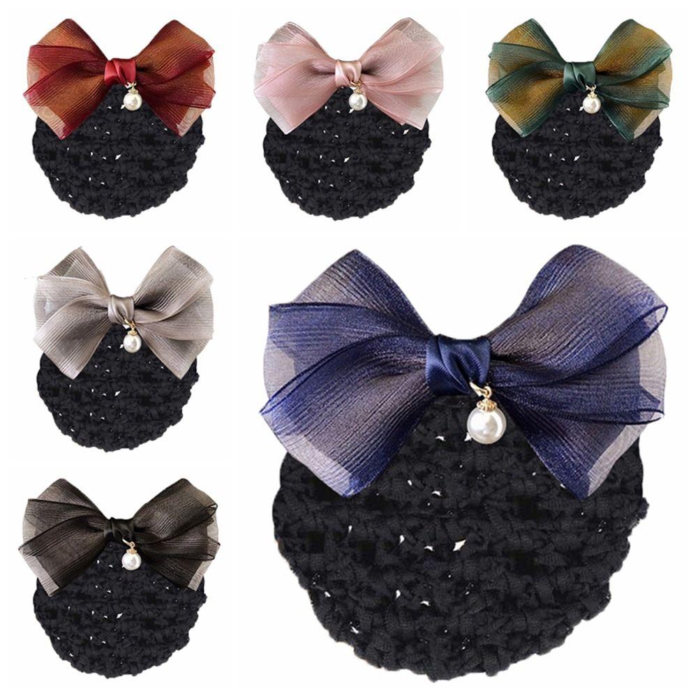 Pearl Pendant Mesh Bow Bun Net Spring Clip Bowknot Hairgrips Net Cover Bowknot Bun Snood  Dance