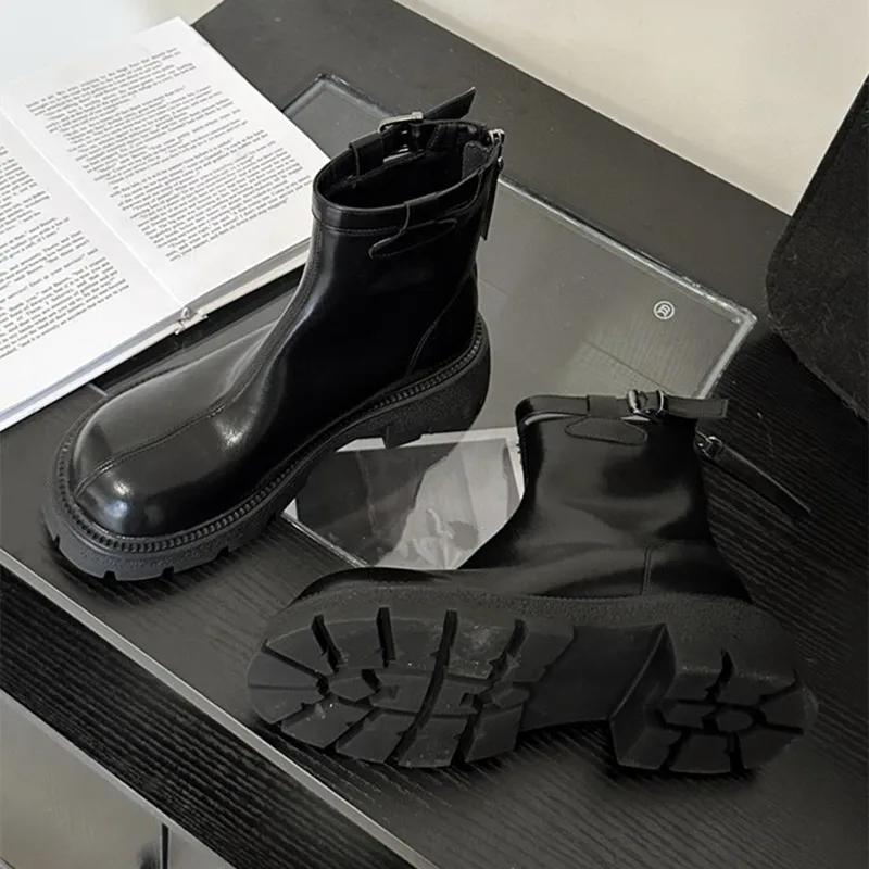 Autumn Winter Chunky Platform Boots Women Soft Leather Stretch Ankle Boots Fashion Belt Buckle Back Zip Design Knight Boots