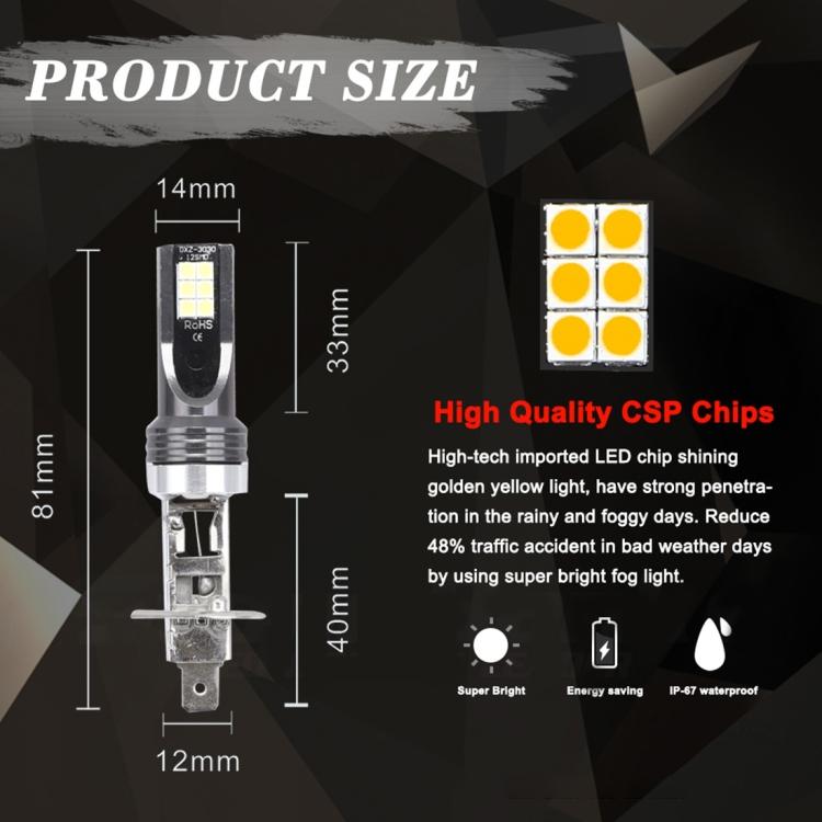 2 PCS H1 DC12V-24V / 12W / 3000K / 800LM 12LEDs SMD-3030 Car LED Fog Light (Yellow Light)