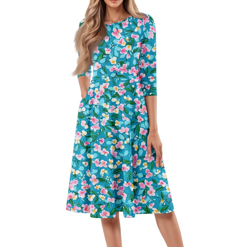 Lockeres, lässiges und modisches Damenkleid mit Rundhalsausschnitt, sieben Viertelärmeln und Print in mittlerer Länge