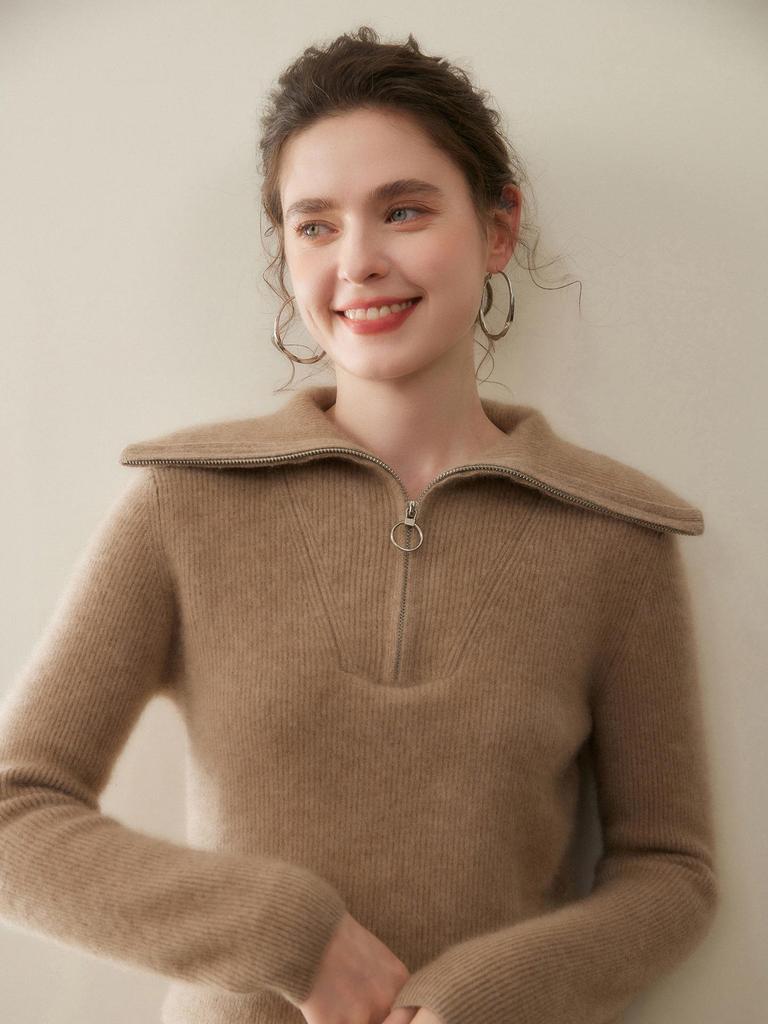 Autumn Winter Ribbed Knitwear: Large Lapel, Solid Color, Loose Half Zip, Thick Cashmere Sweater.