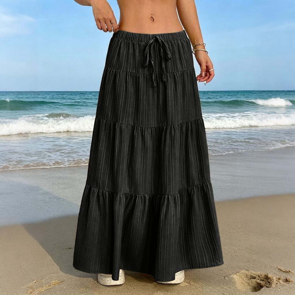 Women's Casual Elastic Waist Multi-Layer Maxi Skirt with Drawstring Adjustable Waistband Lightweight Long Skirt for Everyday Wear