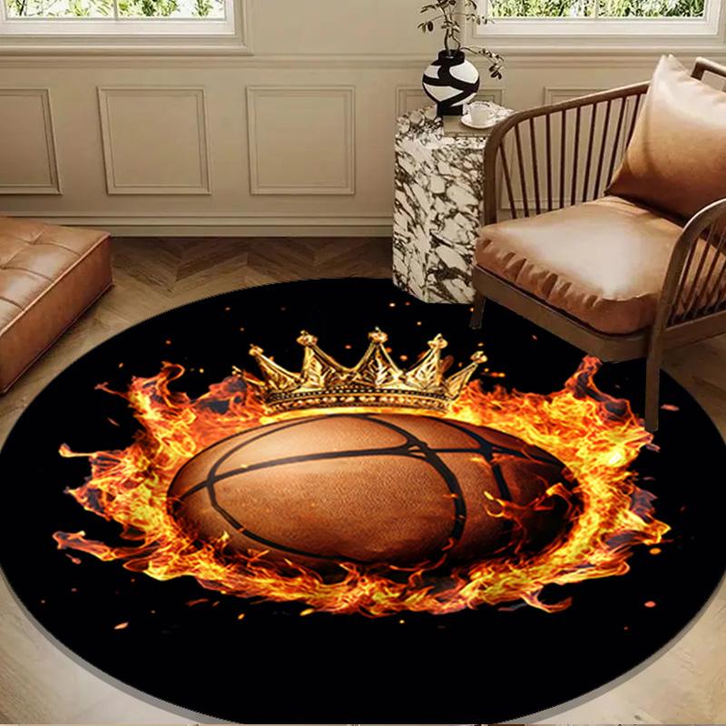 Basketball Crown Fire Sport Round Rug for Livingroom,Bedroom, Palyroom, Chair Rug, Area rug, Circle Carpet, Large Size Fan Christmas gift